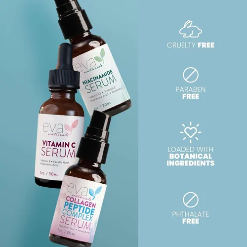 Miniatura 7 de Eva Naturals Paquete de suero Firm & Glow - Sueros de vitamina C, péptidos y niacinamida - Juego de suero facial antienvejecimiento para arrugas
