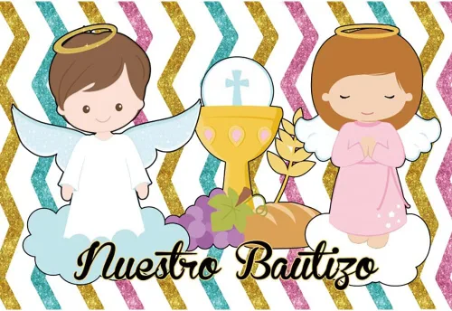 Miniatura 3 de Telón de fondo de poliéster de 5 x 3 pies con texto en inglés «Nuestro Bautizo» para niños, niñas, baby shower, bautizo, para la primera comunión