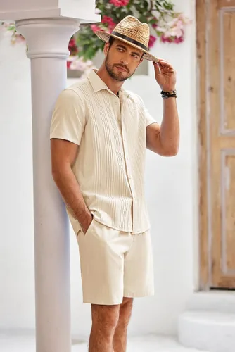 Miniatura 3 de COOFANDY Conjunto de ropa de playa de algodón Guayabera para hombre, conjunto corto de lino de 2 piezas