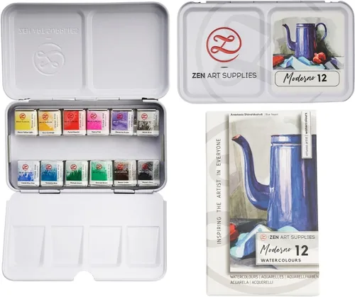 ZenART - Pintura de acuarela moderna profesional, no tóxica, juego de 12 medias bandejas en paleta de lata de metal, juego de viaje portátil para