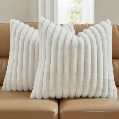FUTEI - Juego de 2 fundas de almohada decorativas con rayas, cuadradas, para invierno, piel sintética de conejo suave y acogedora y respaldo de