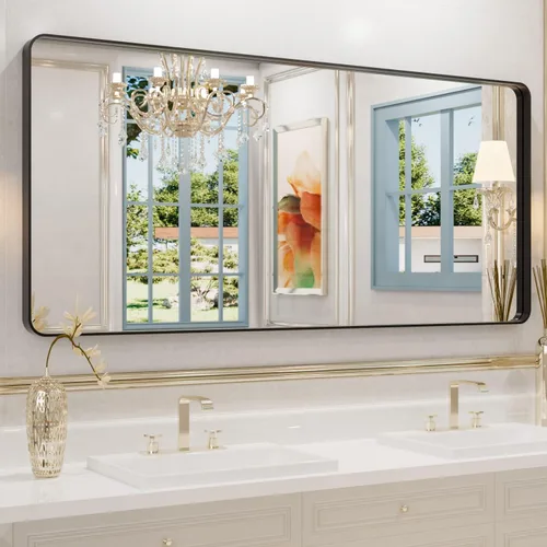 Miniatura 85 de WEER - Espejo de baño dorado, espejo de 40x32 pulgadas con marco de metal dorado cepillado, espejo de tocador de baño de oro para pared