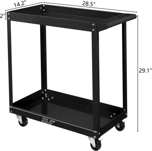 Miniatura 6 de TUFFIOM - Carrito de herramientas rodante de 2 niveles, carrito de servicio industrial con ruedas con 2 frenos, carrito utilitario de acero
