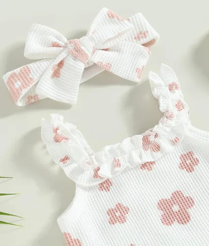 Miniatura 5 de Conjunto de ropa de verano para bebé recién nacida, conjunto de ropa de verano con estampado floral, mameluco con cordón y diadema corta