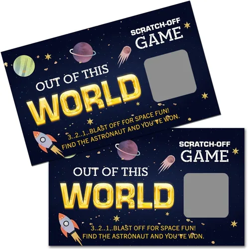 Haizct 50 tarjetas para raspar fuera del mundo, juego de rascar espacial para fiesta de cumpleaños, decoraciones de baby shower, rafa de cohete,