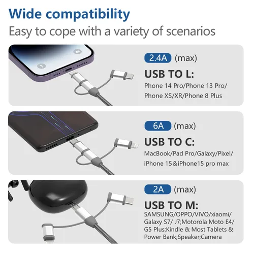 Miniatura 2 de Adaptador de cable de carga 3 en 1, Lightning certificado MFi de Apple, tipo C, cable micro USB, compatible con iPhone 16/15/14, iPad, Huawei, HTC