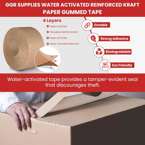 Miniatura 4 de GGR Supplies T.R.U. WAT-WAE - Cinta adhesiva de papel kraft reforzada activada por agua, cinta de embalaje a prueba de manipulaciones para envíos