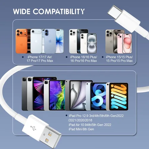Miniatura 7 de QZIIW Pack de 4 cables Apple USB C de carga rápida de 6 pies para iPhone 17 16 15/17 16 15 Pro/17 16 15 Pro max/16 15 Plus, cable USB A a USB C