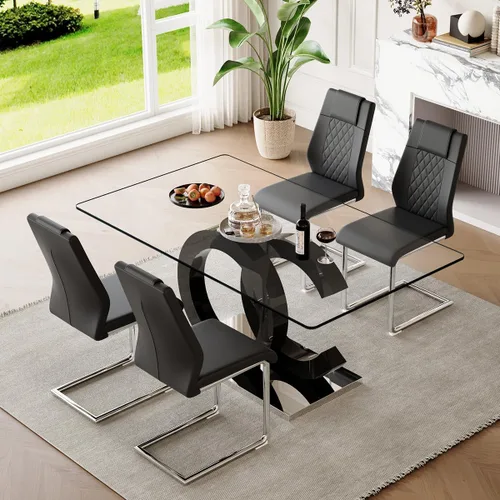 Miniatura 47 de gopop Mesa de comedor de cristal de 63 pulgadas, mesa de cocina moderna, mesa de comedor de vidrio transparente con patas de diseño único negro