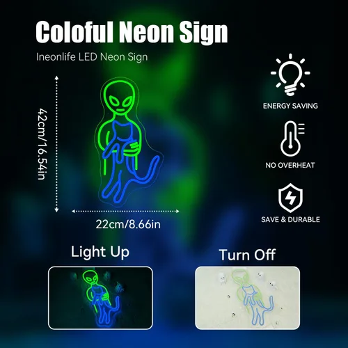 Miniatura 3 de Ineonlife Letreros de neón de alienígena verde, divertidos letreros de neón de gato alienígena para cueva de hombres, luz LED, decoración de arte