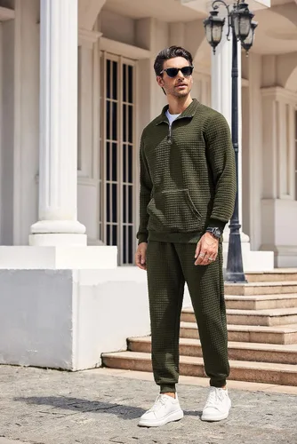 Miniatura 7 de COOFANDY Conjunto deportivo de 2 piezas para hombre, ajuste relajado, con media cremallera, para correr