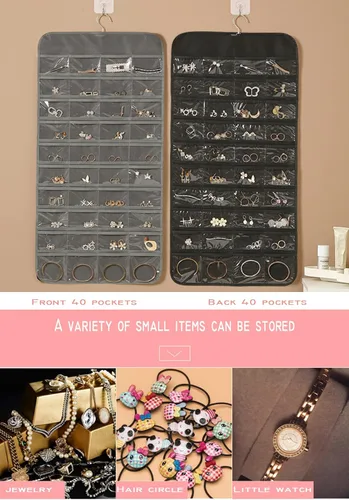 Miniatura 5 de AARAINBOW Organizador de joyas colgante de doble cara con 80 bolsillos, colgador de joyas para aretes, collares, anillos en armario, pared, puerta