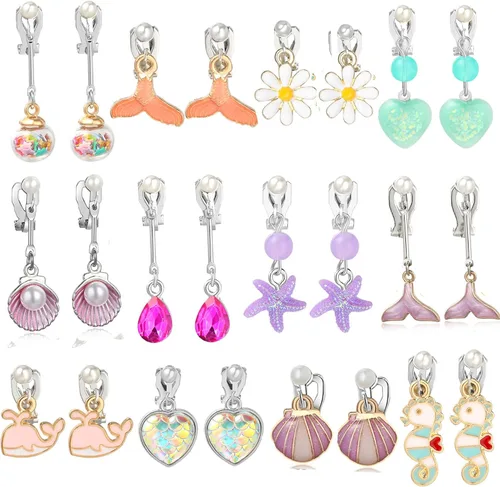 PinkSheep Clip On Earrings for Little Girls Kids Jewelry 12 Pairs Gift for 4567910 Years Old Mermaid Flower Earring