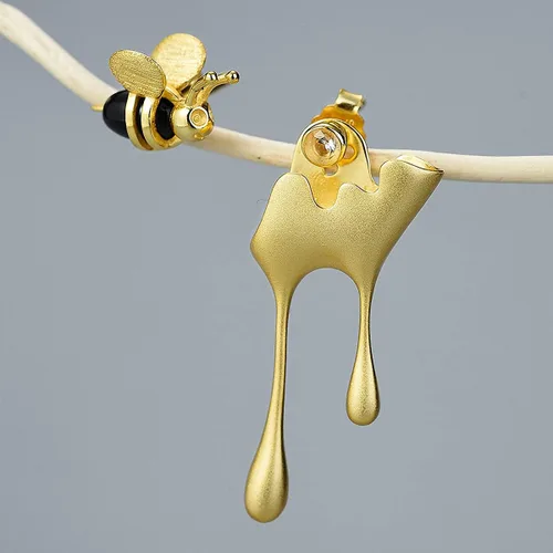 Miniatura 5 de Regalo para San Valentín, aretes de plata de ley 925 abeja y miel goteando, aretes asimétricos creativos hechos a mano, joyería única, regalos