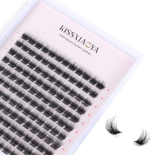 KISSXIAOYA Extensiones de pestañas en racimo, 144 pestañas individuales en racimo D, 0.551 in, pestañas postizas de tallo ancho, suaves y naturales,
