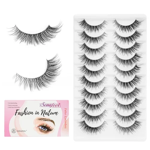 Miniatura 14 de Pestañas naturales de ojo de gato, ligeras, reutilizables, con banda transparente, paquete de 10 pares, pestañas postizas de visón sintético