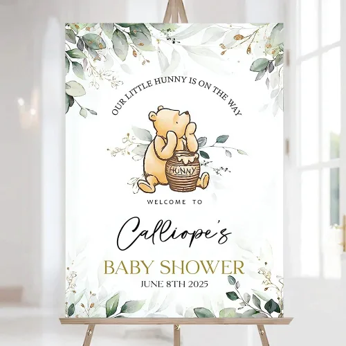 Miniatura 19 de Letrero de bienvenida personalizado de Pooh, cartel de bienvenida al baby shower, baby shower de oso Pooh, revelación de género, decoraciones
