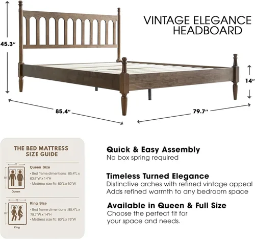 Miniatura 10 de Marco de cama de plataforma de madera maciza tamaño King con cabecero y pie de cama, base de 12 listones resistentes, patas de metal, no necesita