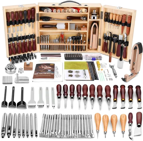 BUTUZE Kit de trabajo de cuero, kit de herramientas de cuero en caja, kit de herramientas de artesanía de cuero, corte, perforación, tallado, kit de