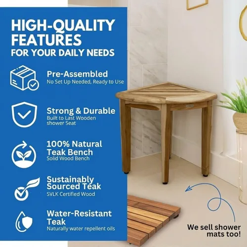 Miniatura 6 de EcoDecors SnazzyCorner - Banco de ducha impermeable de madera de teca para el interior, proporciona seguridad, almacenamiento y organización