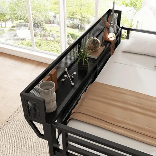 Miniatura 8 de Cama alta convertible de tamaño individual con escaleras de almacenamiento, estantes y armario, marco de cama de metal con barandilla de seguridad