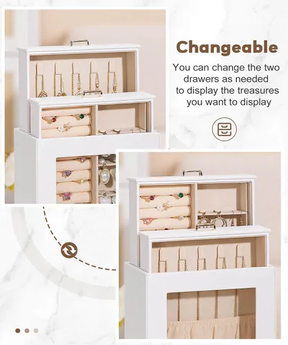 Miniatura 2 de Homde Organizador de joyas para niñas y mujeres, joyero para collares, anillos, aretes, regalo de Navidad, pulseras (blanco + dorado)