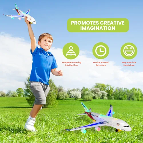 Miniatura 6 de Avión eléctrico Bump and Go Bou A380, para niños, acción divertida, gran modelo plano con luces y sonidos atractivos, cambia la dirección