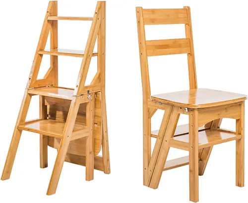 Silla plegable de madera maciza, escalera de biblioteca portátil de 4 escalones, silla plegable convertible para adultos, oficina, hogar, cocina al