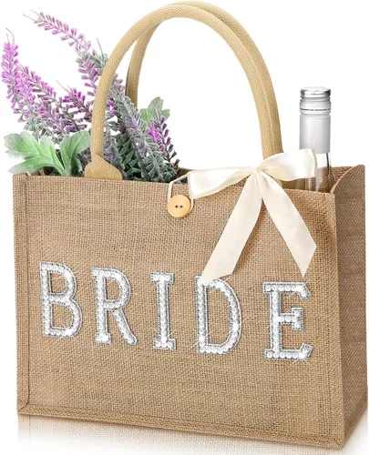 Miniatura 7 de Silkfly Bolsa de mano de novia de boda, regalo de despedida de soltera, bolsa de yute de playa con cinta para regalos de despedida de soltera