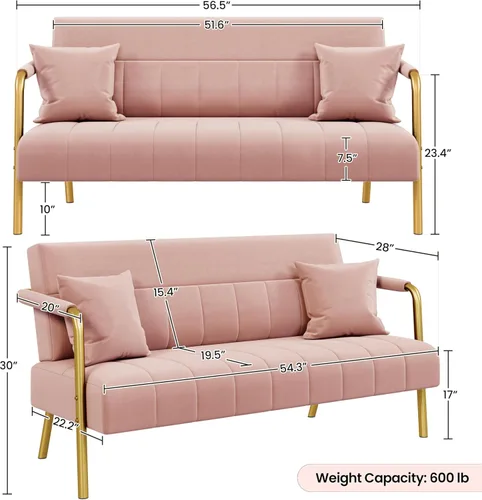 Miniatura 3 de Yaheetech Sofá moderno de 56.5 pulgadas de ancho, sofá pequeño de tela de terciopelo de lujo con brazos y patas de metal dorado para sala de estar