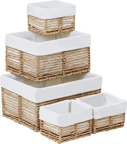 Miniatura 19 de Vagusicc Cesta de almacenamiento de mimbre, cesta de cuerda de papel tejida a mano, cesta rectangular pequeña para organizar, contenedor de Beige
