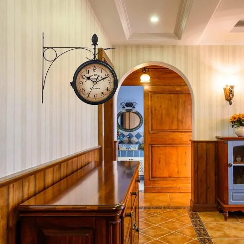 Miniatura 2 de Eforcase Reloj de pared retro de doble cara, estación de reloj de pared de doble cara, reloj colgante de esfera retro, reloj decorativo de cuarzo
