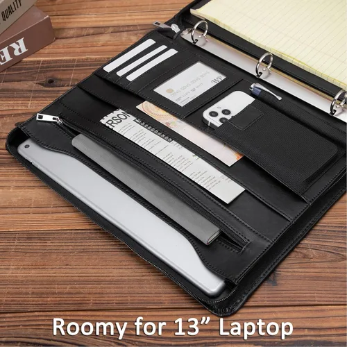 Miniatura 5 de Portafolio de cuero con carpeta de 3 anillas, padfolio de cuero vegano con cremallera, portafolio organizador profesional de negocios para regalo