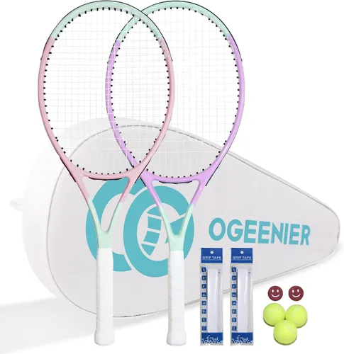 Miniatura 9 de OGEENIER Juego de 2 raquetas de tenis para adultos, 27 pulgadas preencordadas para principiantes, juego de raquetas de tenis de aluminio ligeras