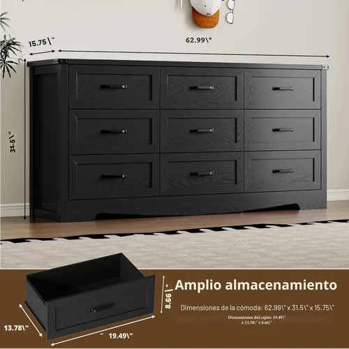 Miniatura 2 de BORNOON - Cómoda de 9 cajones para el dormitorio, cómoda de madera moderna con manijas de metal, diseño antivuelco, organizador de almacenamiento
