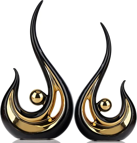 XMGZQ 2 piezas Estatua de Arte Abstracto Moderno en Negro y Oro para Decoración de Mesa, Elegante Estatua de Cerámica para Acento de Decoración del