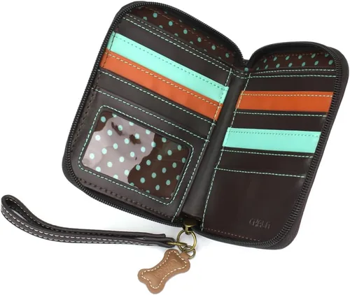 Miniatura 5 de Chala Cartera de piel vegana con cremallera alrededor con correa para la muñeca, Bulldog Francés - Ciruela, Cartera de pulsera