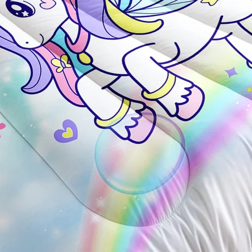 Miniatura 5 de Juego de edredón de unicornio para niñas, juego de ropa de cama de mariposa, juego de edredón de arco iris, tamaño individual con 1 edredón y 2