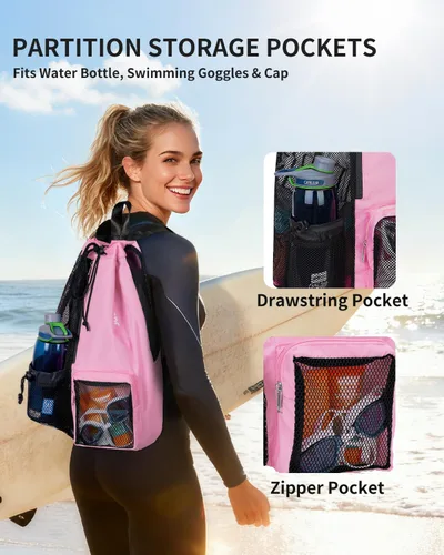 Miniatura 2 de WANDF Mochila de Malla con Cordón para Natación, con Bolsillo para Artículos Húmedos, para Natación, Gimnasio y Equipo de Entrenamiento Rosa