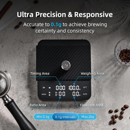 Miniatura 5 de Báscula de café con temporizador, báscula digital recargable, pantalla de ratios y tasa de flujo, de grado barista para goteo, café expreso, prensa