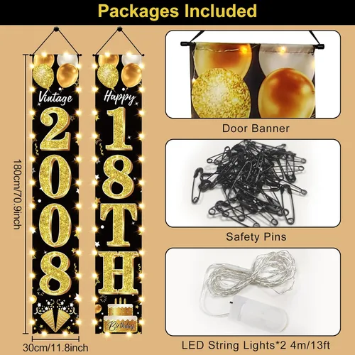 Miniatura 2 de Cartel de fiesta de cumpleaños número 18 con luces LED para hombres y mujeres - Carteles de puerta de cumpleaños número 18 en negro y dorado vintage