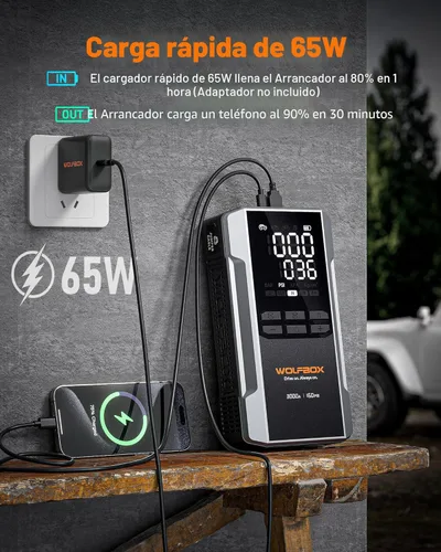 Miniatura 5 de WOLFBOX Arrancador de 3000 A con compresor de aire, batería portátil de coche de 59.2 Why 160 PSI con carga rápida de 65 W, batería de 12 V