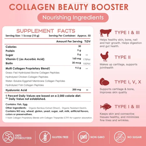 Miniatura 2 de NATURE TARGET Beauty - Polvo de péptidos de colágeno para mujeres, polvo de colágeno múltiple con vitamina C, biotina, ácido hialurónico, sin sabor