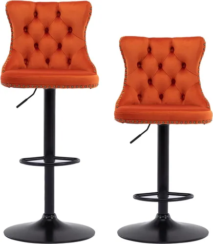 Miniatura 54 de Juego de 2 modernos taburetes de bar giratorios ajustables, sillas de bar copetudas de terciopelo beige con respaldo y ribete de cabeza de clavo