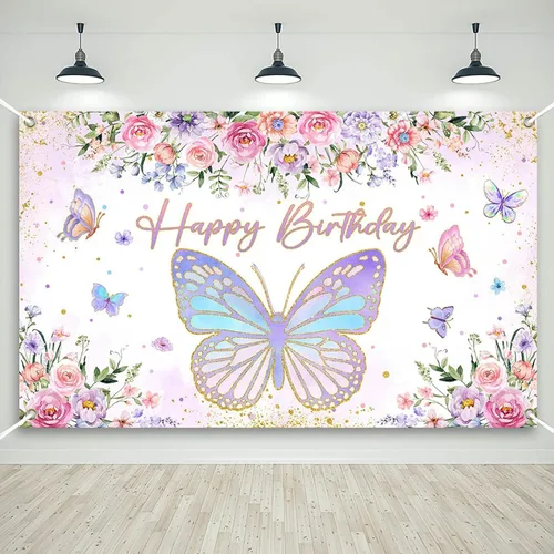 Mocsicka Cartel de cumpleaños de mariposa para niñas y mujeres, decoración de fiesta de cumpleaños, pancarta morada con diseño de mariposa feliz