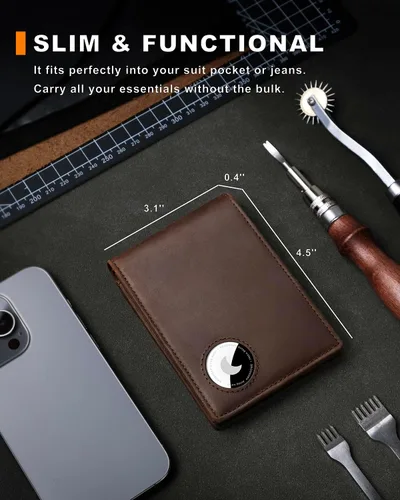 Miniatura 12 de Billetera AirTag para hombre, de piel auténtica plegable con bloqueo Rfid AirTag con ranuras para efectivo y ventana de identificación, compatible