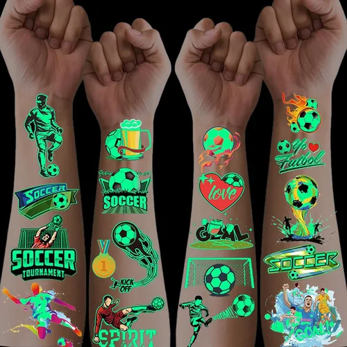 VICDUEKG 200 tatuajes temporales para deportes de fútbol para niños, tatuajes que brillan en la oscuridad para niños y niñas, calcomanías de tatuaje