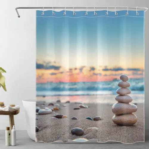 Miniatura 16 de LB Cortina de ducha asiática de piedra zen, cortina de ducha japonesa para baño, cortinas de baño de tela negra de 48 x 72 pulgadas con ganchos