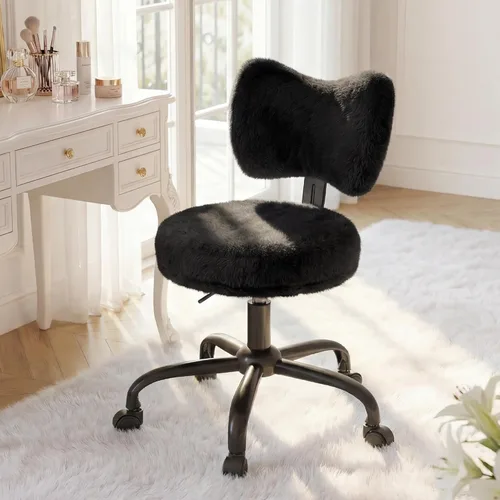 Miniatura 6 de Homkdom Silla de tocador con ruedas, bonita silla de escritorio con respaldo de lazo, silla de oficina pequeña de piel de conejo sintética esponjosa