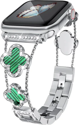Miniatura 12 de Musk-MSKR Correas de metal con diamantes añaden brillo a tu reloj para Apple Watch Series 11/10/9/8/7/6/5/4/3/2/SE/Ultra Trébol Simple y elegante